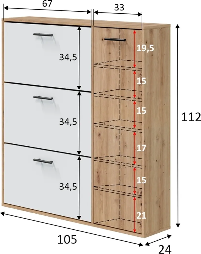 Armoire à chaussures étroite 3 compartiments CLASS bois chêne et blanc - 3