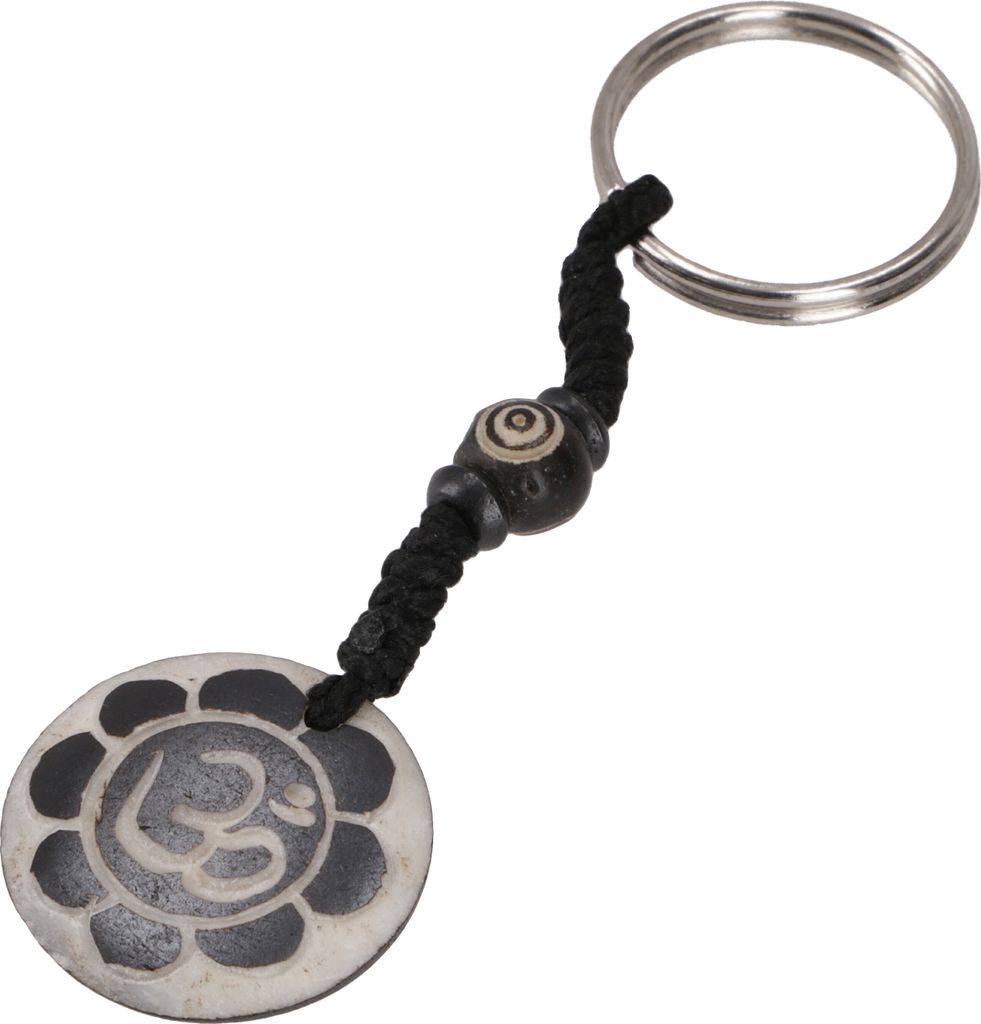 Ethno Tibet Schlüsselanhänger, Gravierter Taschenanhänger, Budhistischer Schmuck - Lotus Om, Weiß, Yak-Knochen, Schlüsselanhänger