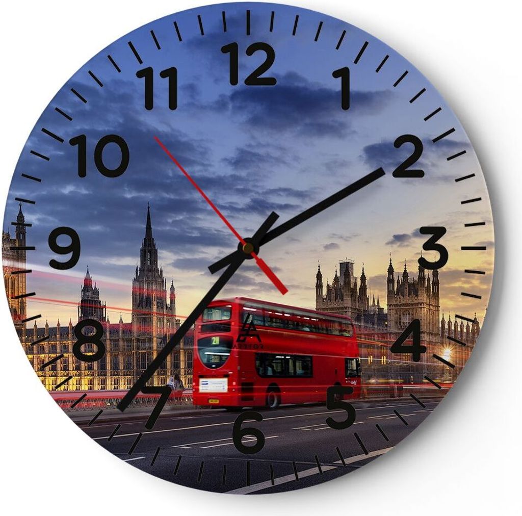 Wanduhr - Rund - Glasuhr - London Bus - 30x30cm - Schleichendes Uhrwerk - Lautlos - zum Aufhängen bereit - Dekoration Modern - Wanddekoration aus ...
