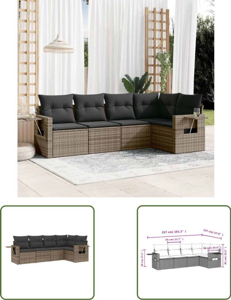 The Living Store 5-tlg. Garten-Sofagarnitur mit Kissen Grau Produktbild 