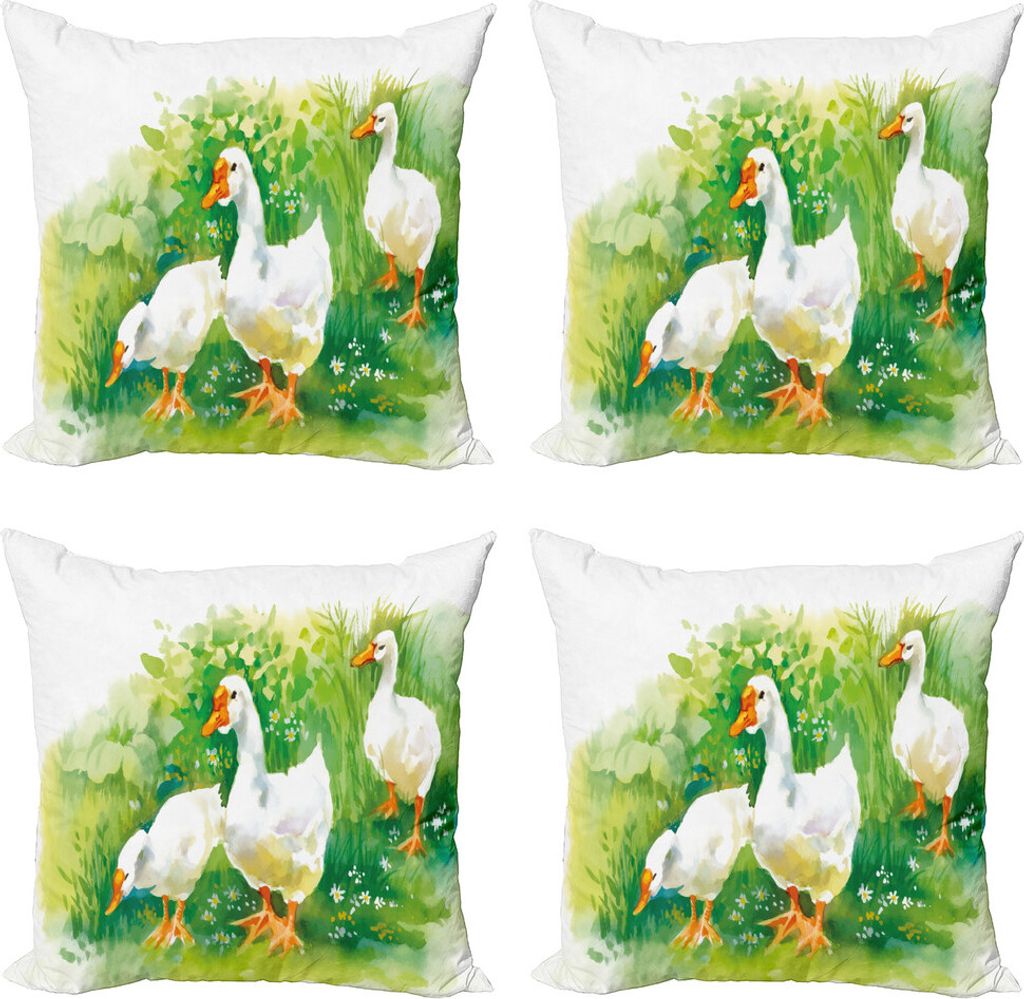 ABAKUHAUS Quietscheentchen Kissenbezug Set (4 Stück), Goose Farm See Pflanzen, Moderner Doppelseitiger Digitaldruck, 60 cm x 60 cm, Grün und Weiß