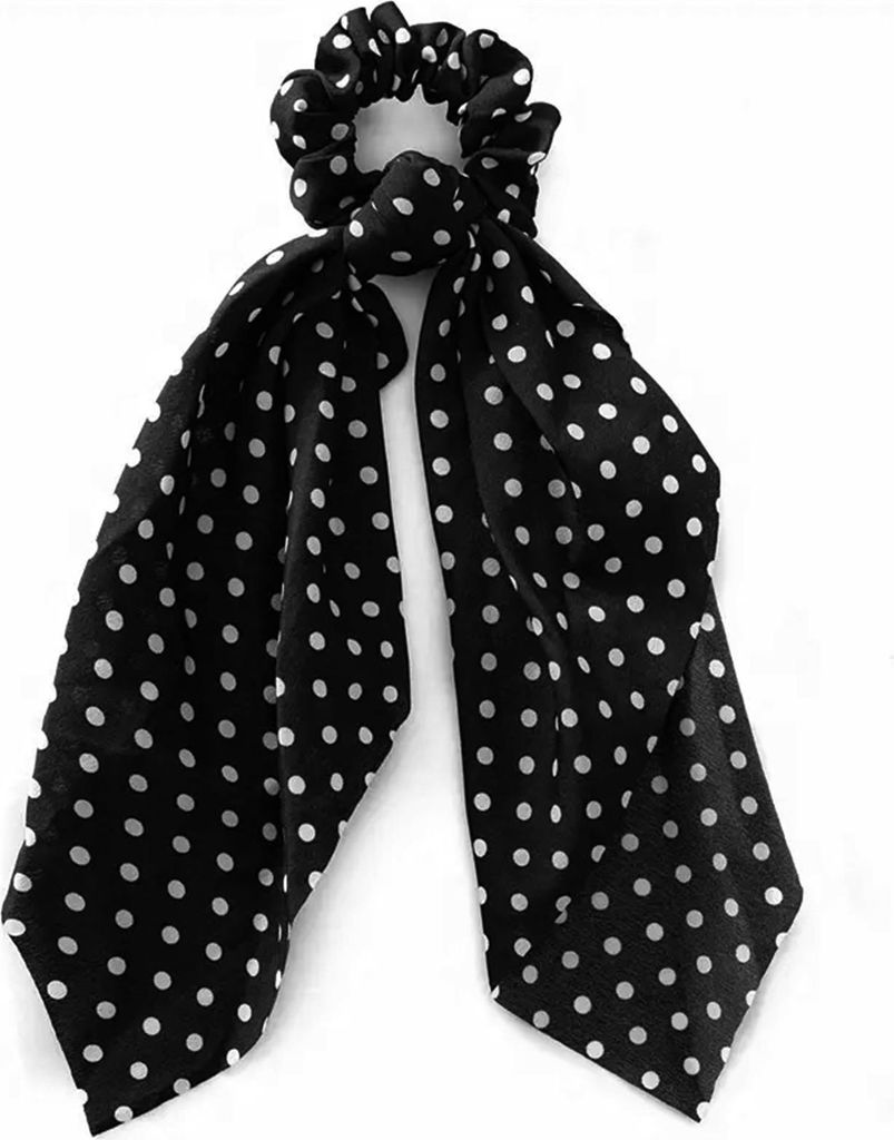 Langes Satin-Schal-Scrunchie mit Polka-Dots in elegantem Schwarz