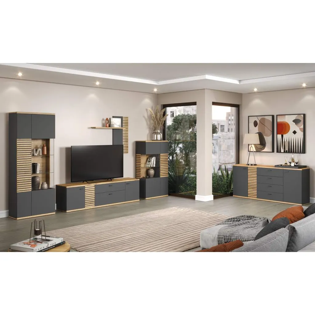 Meuble TV Norris pour Salon Gris et Chêne - Support Écran Plat avec Niches