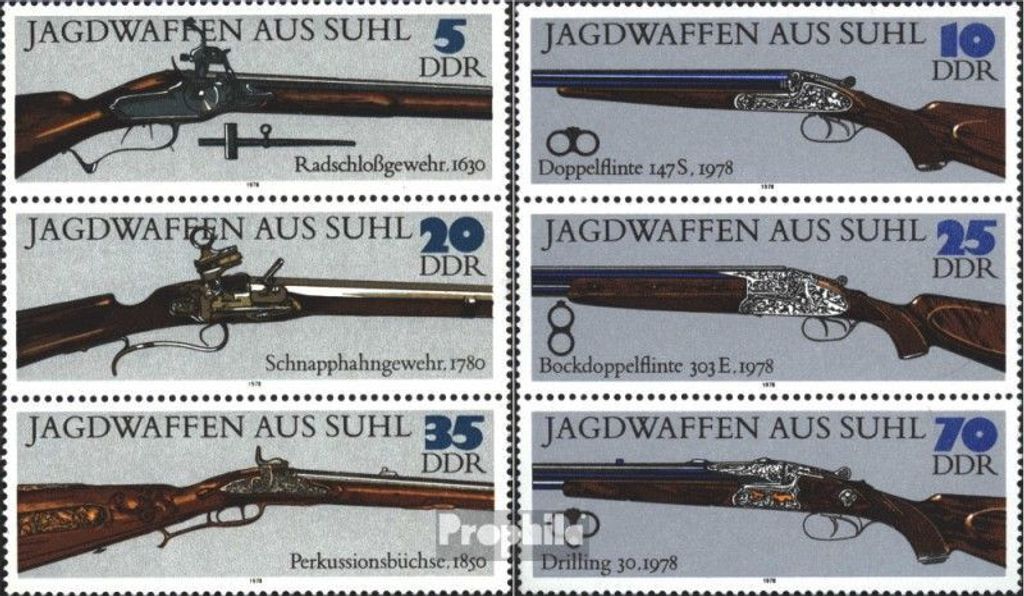 Briefmarken DDR 1978 Mi SZd169,SZd175 (kompl.Ausg.) (2376-81 als Dreierstreifen) gestempelt Jagdwaffen aus Suhl