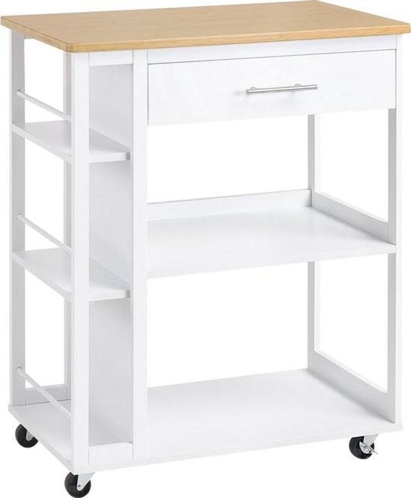 Küchenwagen auf Rädern – mit offenem Schrank & Weinregal – stabiles MDF – funktional und stilvoll – helle Eiche/Weiß – praktische Auft...