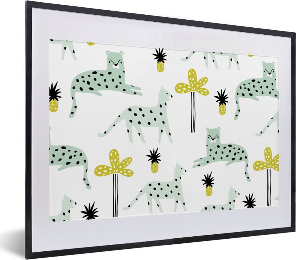 MuchoWow MuchoWow Gerahmtes Poster Panther - Baum - Frucht - Pastell 40x30 cm - Poster mit zchwarzem Bilderrahmen - Bilderrahmen - Poster im Ra...