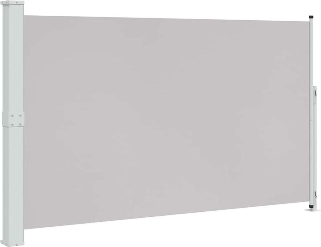 A side view of a retractable side awning, extended and mounted between two vertical poles.
