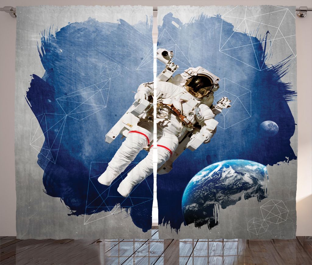 ABAKUHAUS Galaxis Rustikaler Gardine, Digital Planet Erde, Schlafzimmer Kräuselband Vorhang mit Schlaufen und Haken, 280 x 175 cm, Blau grau