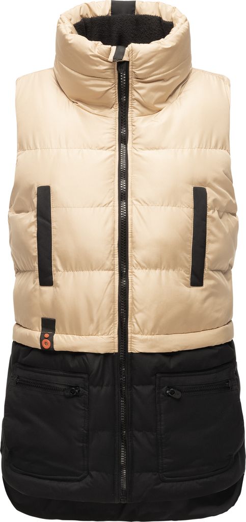 Marikoo Kiraraa Leichte Damen Steppweste mit Kapuze Vegan Weste ohne Ämel Damenweste Colorblock Beige - Schwarz Gr. 40 - L