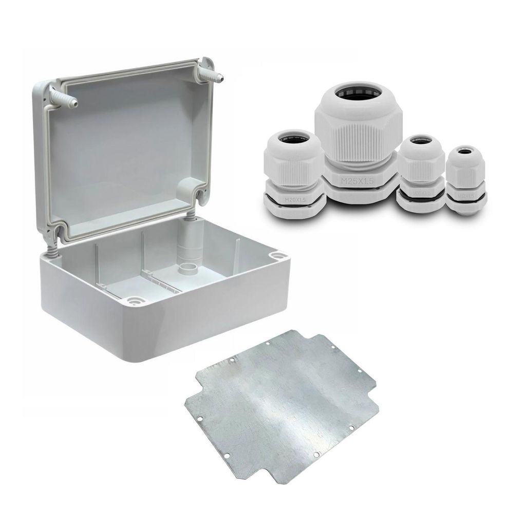 ARLI SET: Abzweigdose IP67 Aufputz 250 x 200 x 90 mm inkl. Montageplatte + 40x Kabelverschraubung M12 / M16 / M20 / M25 Set