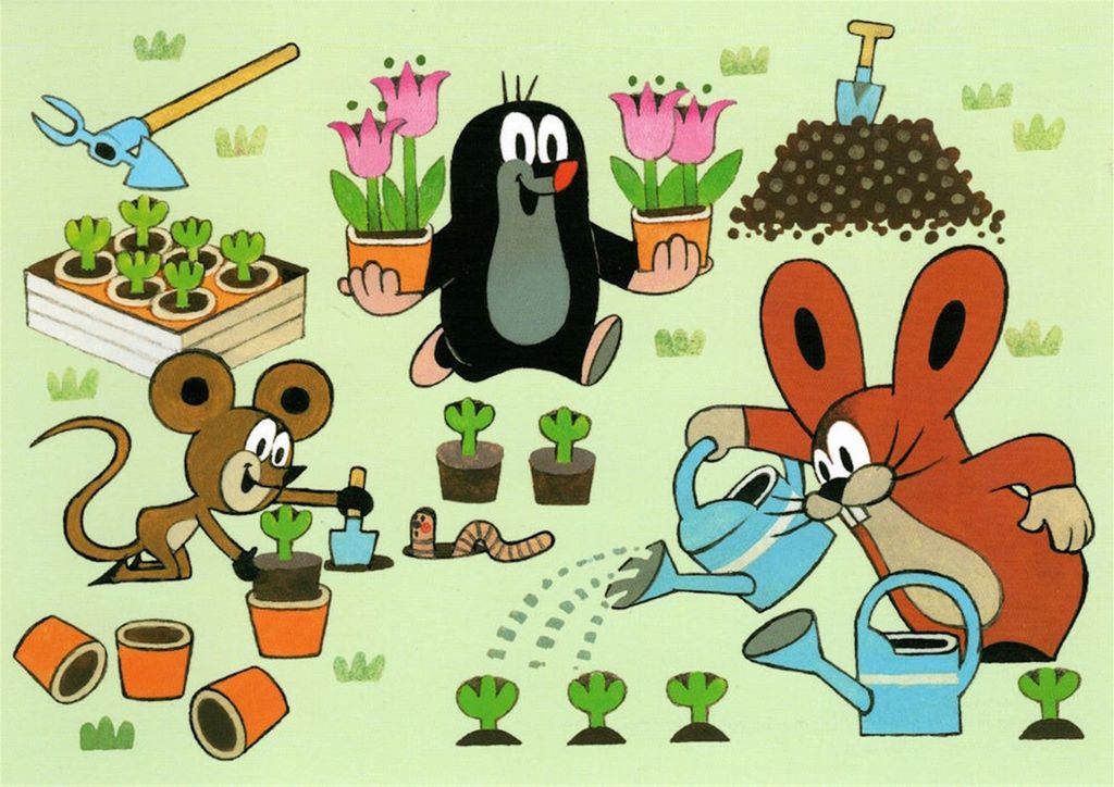 Postkarte "Der kleine Maulwurf mit Maus und Hase bei der Gartenarbeit"