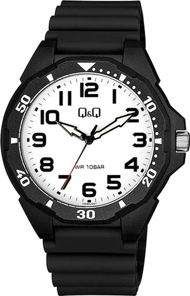 Orologio da uomo Q&Q, plastica, cinturino in silicone, Superluminova, nero/bianco, 10 ATM, Ø 43 mm