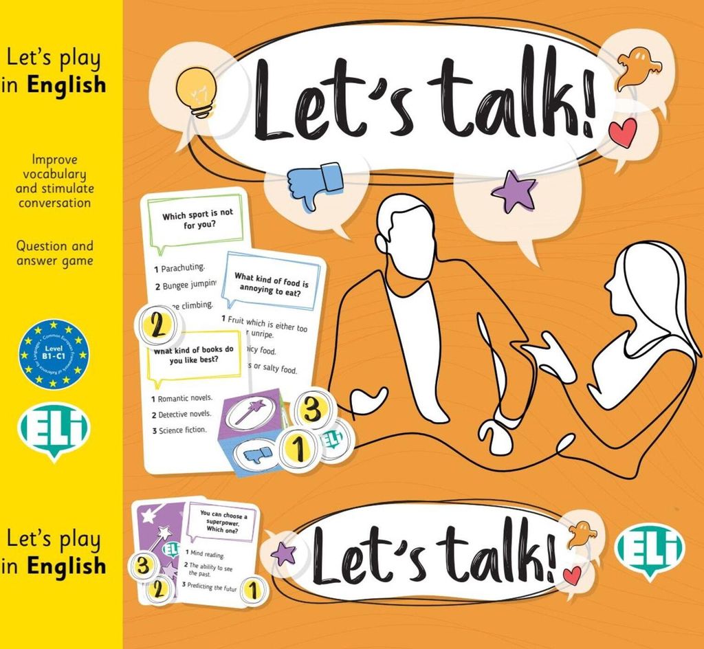 Klett Let's talk Spiel mit 132 Karten, Fragen, Multiple-Choice-Antworten und 60 Spielsteinen