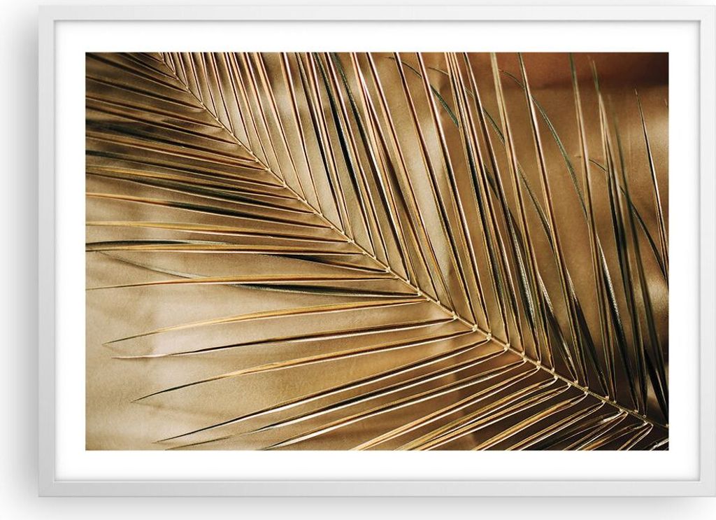 Gerahmtes Poster - Weißer Rahmen - Blatt Gold Pflanze - 70x50 cm - Wand Bild - Wanddeko - Wandbilder - Kunstposter - Wandposter - Bilderrahmen - B...