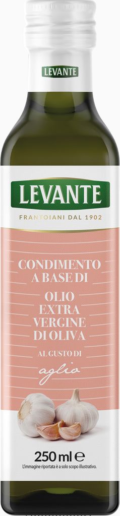 A bottle of Levante extra virgin olive oil infused with garlic.