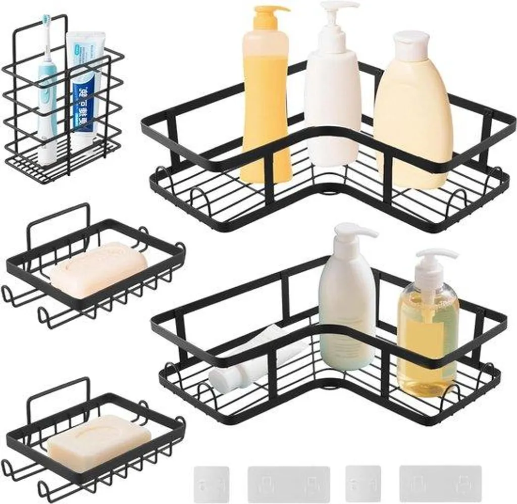 Étagère de douche noire sans perçage avec supports et crochets amovibles