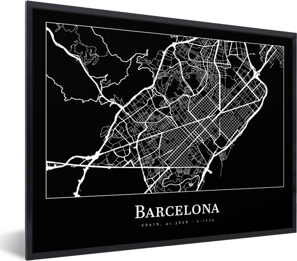 MuchoWow Gerahmtes Poster Stadtplan - Barcelona - Karte 40x30 cm - Poster mit Schwarzem Bilderrahmen Wandposter Rahmen Foto Bilder - Kunstposter ...