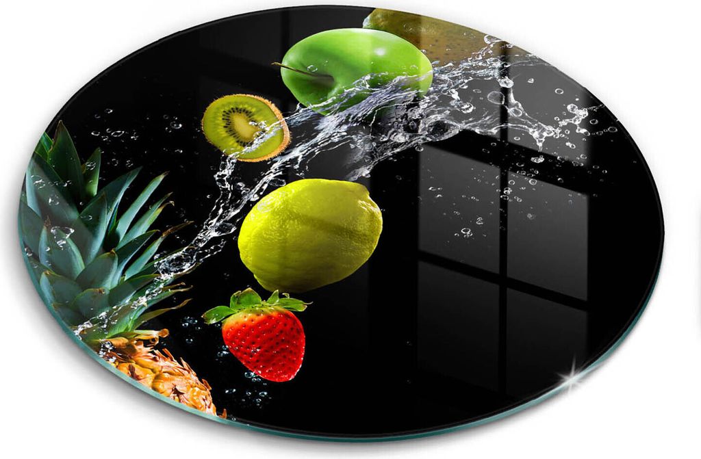 Glasschneideplatte - Herdabdeckplatte - fi40 cm -Schneidebrett - Spritzschutz - Obst in Wasser