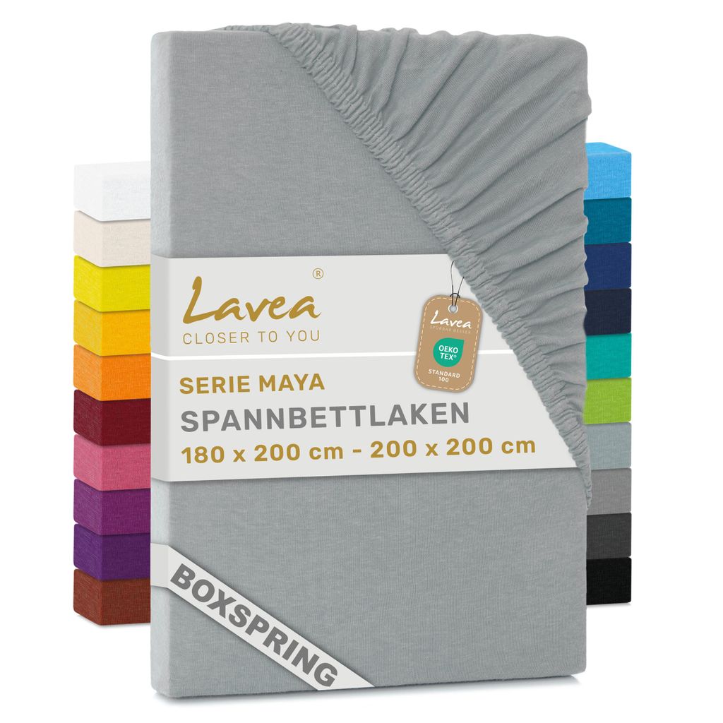Lavea Jersey Spannbettlaken 180-200x200cm - 35cm Steg für Boxspringbetten - Silber, Weich & Atmungsaktiv - Ideal für Boxspringbetten