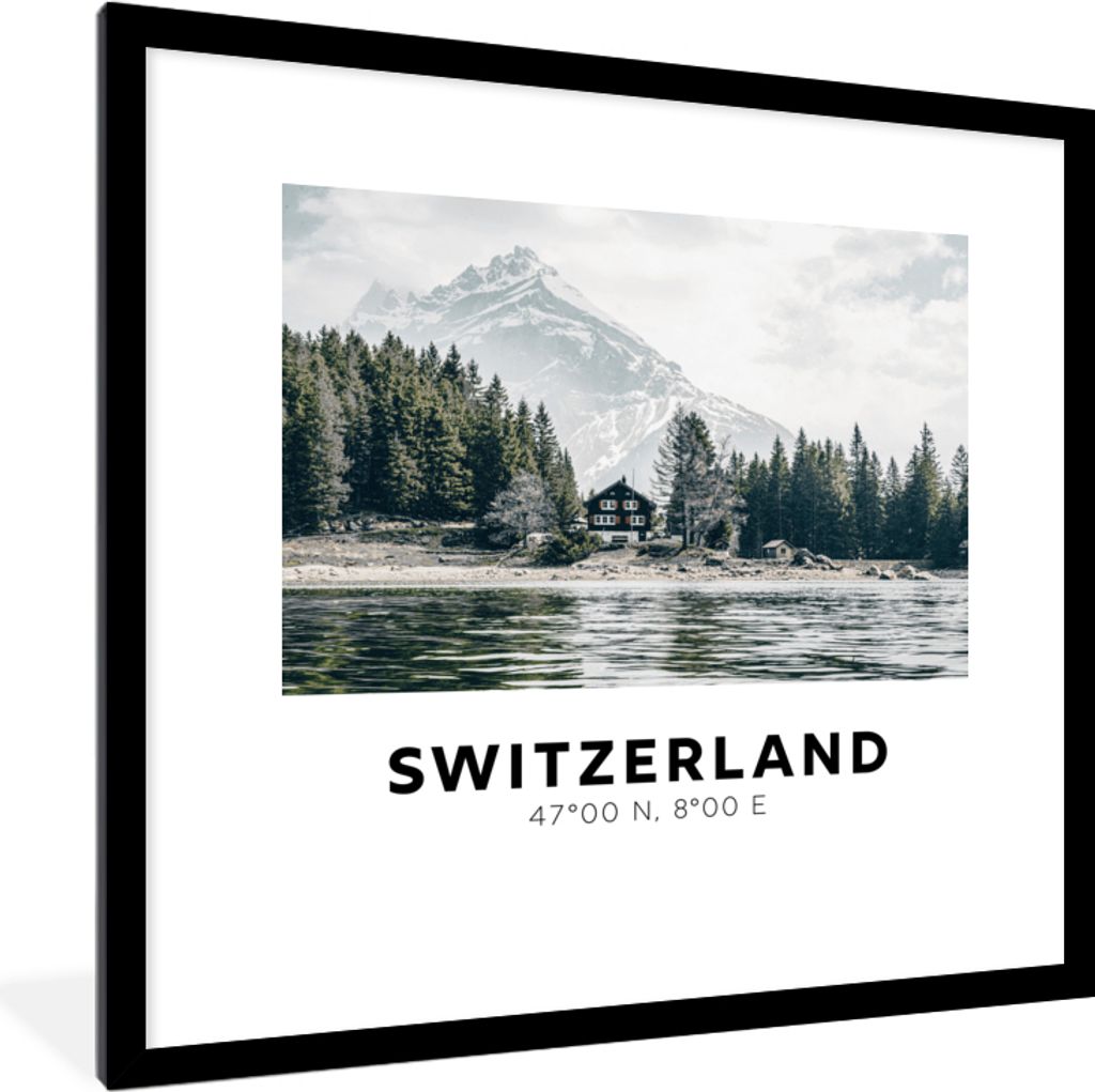 MuchoWow Gerahmtes Poster Schweiz - Berg - Chalet 40x40 cm - Poster mit Schwarzem Bilderrahmen Wandposter Rahmen Foto Bilder - Poster - Plakat im...