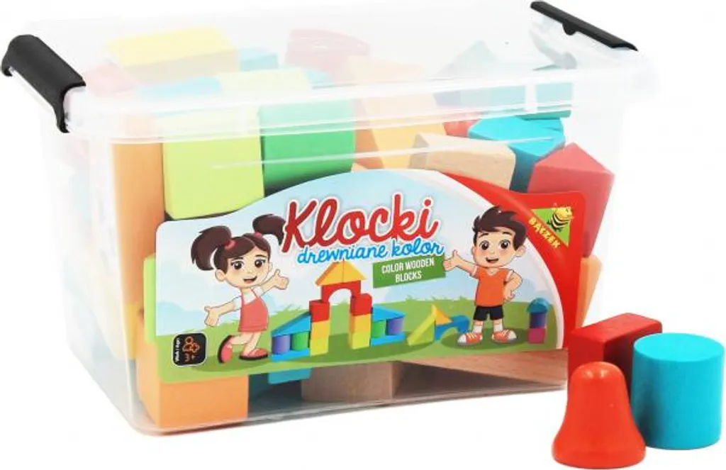 Blocs en bois colorés 53 éléments avec petit récipient - Réf 02865