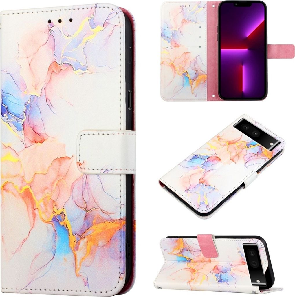 Google Pixel 7 Pro Hülle, Marmor Motiv Kunstleder Tasche Wallet Kartenfächer mit Standfunktion Klapp Schutzhülle für Google Pixel 7 Pro Bunt