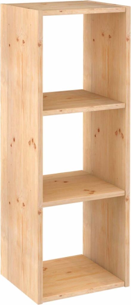 A tall, narrow, three-shelf wooden cube storage unit.