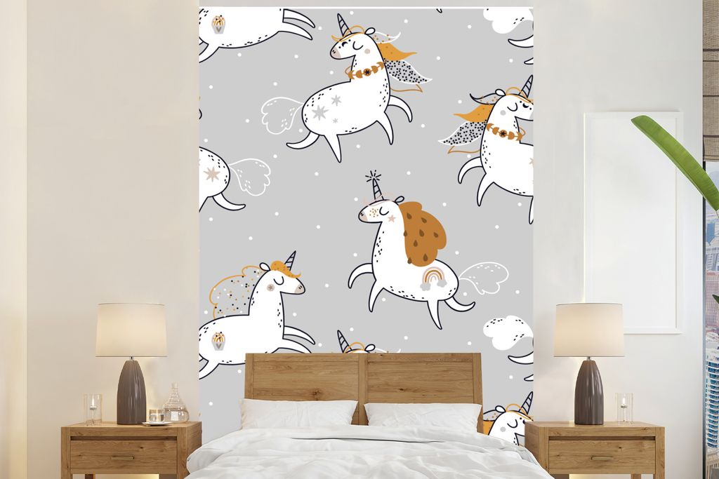 MuchoWow Fototapete für Wohnzimmer oder Schlafzimmer Wandtapete Vinyl Motivtapete Design - Einhorn - Flieder - 195x300 cm - Das Hintergrundbild