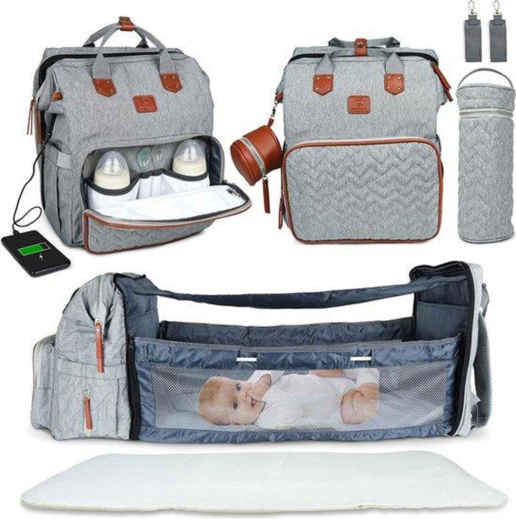 Geburtstuch, Reisebeutel mit abnehmbarem Kopfkissen, Flaschenhalter und Kinderwagenriemen (+ USB)