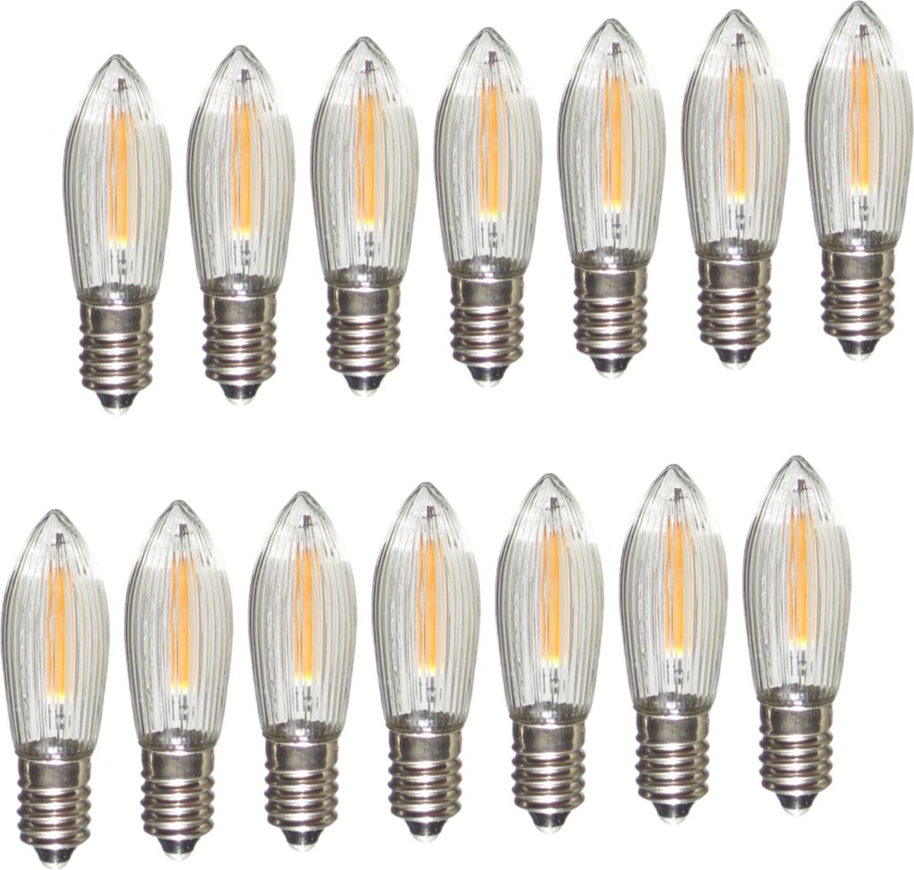A collection of LED filament light bulbs arranged in two rows against a white background.