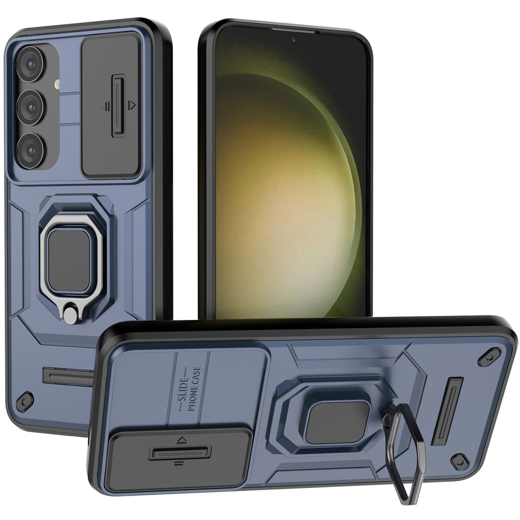 Hülle für Samsung Galaxy S25 Plus Dual Layer Handyhülle Schiebe Kamera Schutz und Ringhalter Ständer Blau