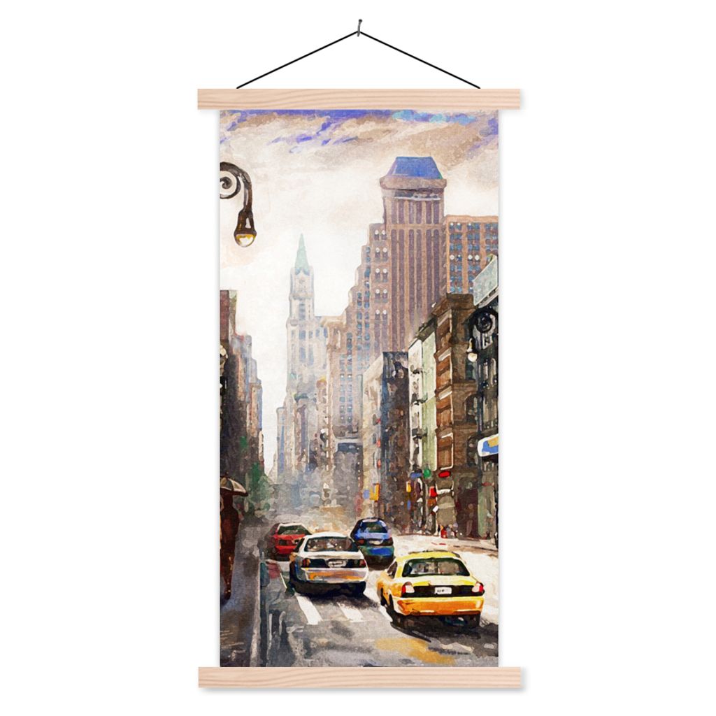 MuchoWow Textilposter Gemälde - Stadt - Auto - Öl 60x120 cm mit holzfarbenen Rahmen - Holz