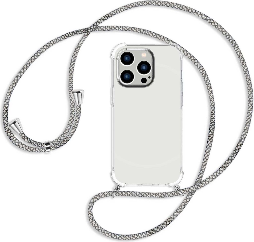 Handykette Backcover-Schutzhülle mit Band (Metall silberfarben) für Apple iPhone 14 Pro (6.1'') - weiß/grau kariert