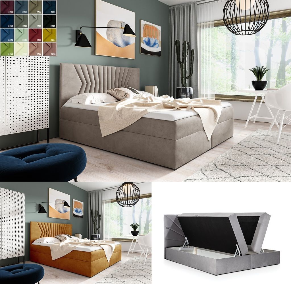 Boxspringbett 180x200 mit 2 Bettkasten BENN 2 Hotelbett Doppelbett Polsterbett mit Matratze und Topper große Farbauswahl weiß grau schwarz beige
