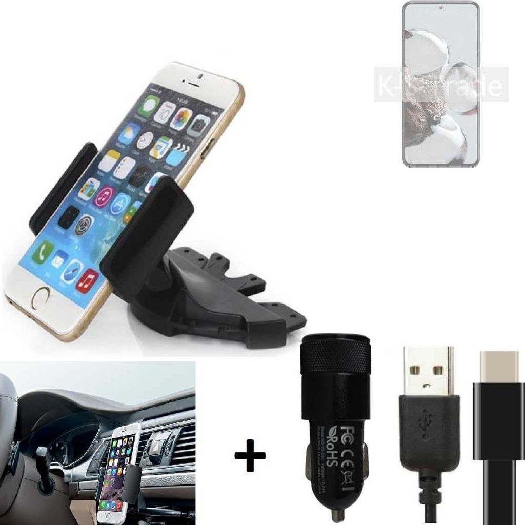 K-S-Trade CD Schlitz Handy-Halterung kompatibel mit Xiaomi 12T Pro Autohalterung KFZ-Halter Radio Handy Halterung 360° drehbar CD-Schacht inkl. USB-C