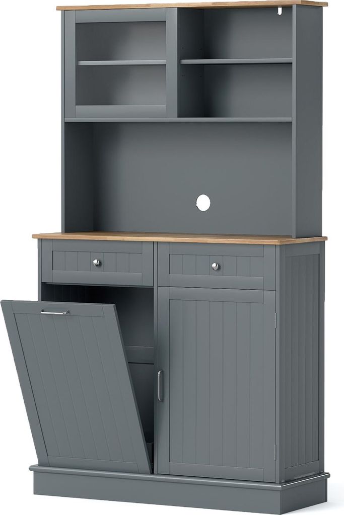 COSTWAY Küchenschrank, für 45 L Mülleimer, Buffetschrank mit Arbeitsplatte, 2 Schubladen & Einlegeböden, Hochschrank Küche, Kommode Holz, Grau