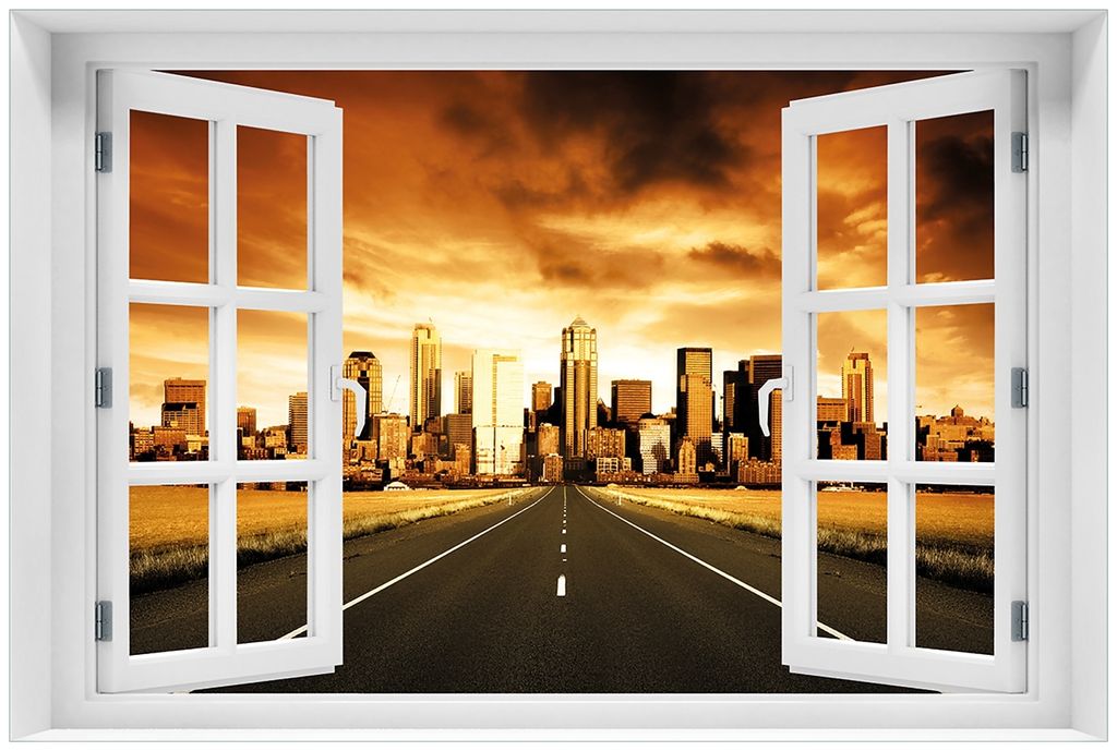 Wallario Premium Glasbild mit Fensterrahmen, freischwebende Optik, kräftige Farben, Größe 60 x 90 cm Motiv Skyline am Ende der Straße