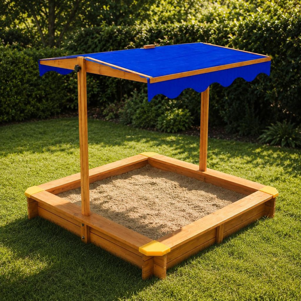 HAGO24 Sandkasten Sandbox Sandkiste Massivholz Dach UV-Schutz Bodenvlies Kinder Garten Spielzeug Sicherheit Outdoor Spielspaß Abdeckung Neigbar H...