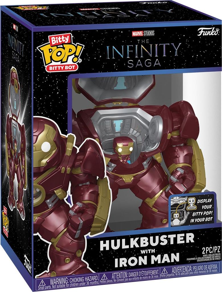 The image shows the packaging of a Funko Bitty Pop! Bot featuring Hulkbuster with Iron Man from Marvel's Infinity Saga.
