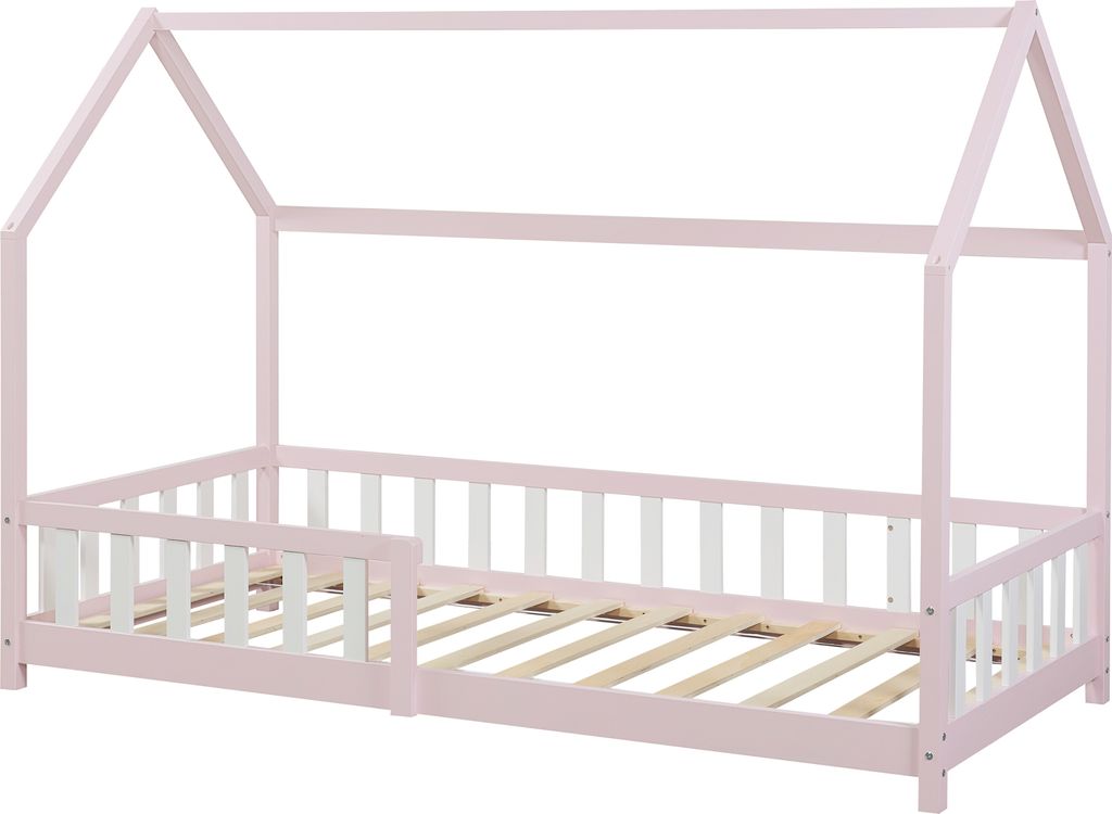 A pink and white house-shaped bed frame with a slatted base, shown against a white background.