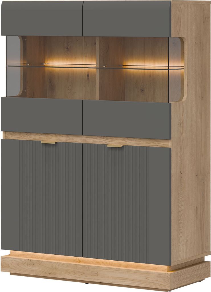 Furniture24 Vitrinenschrank Milton Ml04 Vitrine Wohnzimmerschrank Eiche Torro/Grau