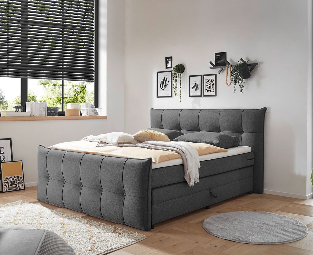 Manchester Boxspringbett / Doppelbett mit Bettkasten 160x200 - 180x200 cm, Liegefläche:180 x 200 cm, Stoffbezug:Lumos 13 Anthrazit