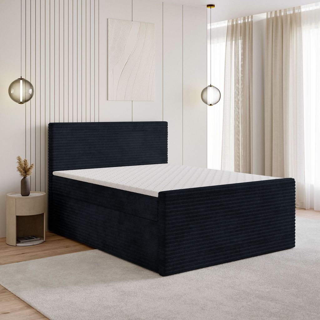 Masseno Boxspringbett NOLEN 160x200 cm Komplett-Set mit Bonell Matratze und Topper, Polsterbett mit Bettkästen -Schwarz, TILIA 100