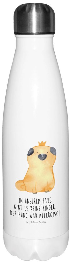 Mr. & Mrs. Panda Thermosflasche Mops Krone - Weiß - Geschenk, Allergisch, Hund, isolierflaschen, thermosflaschen, Königlich, trinkflaschen, Sprü...