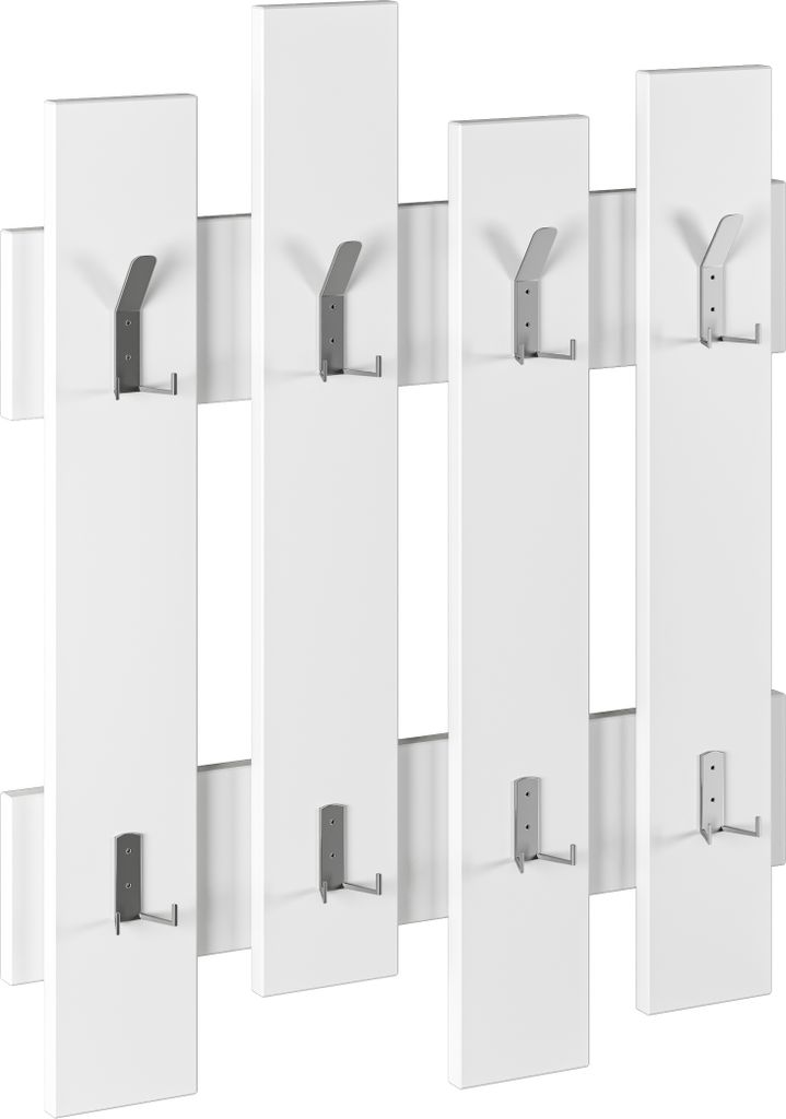 A white coat rack with metal hooks mounted on a white background.