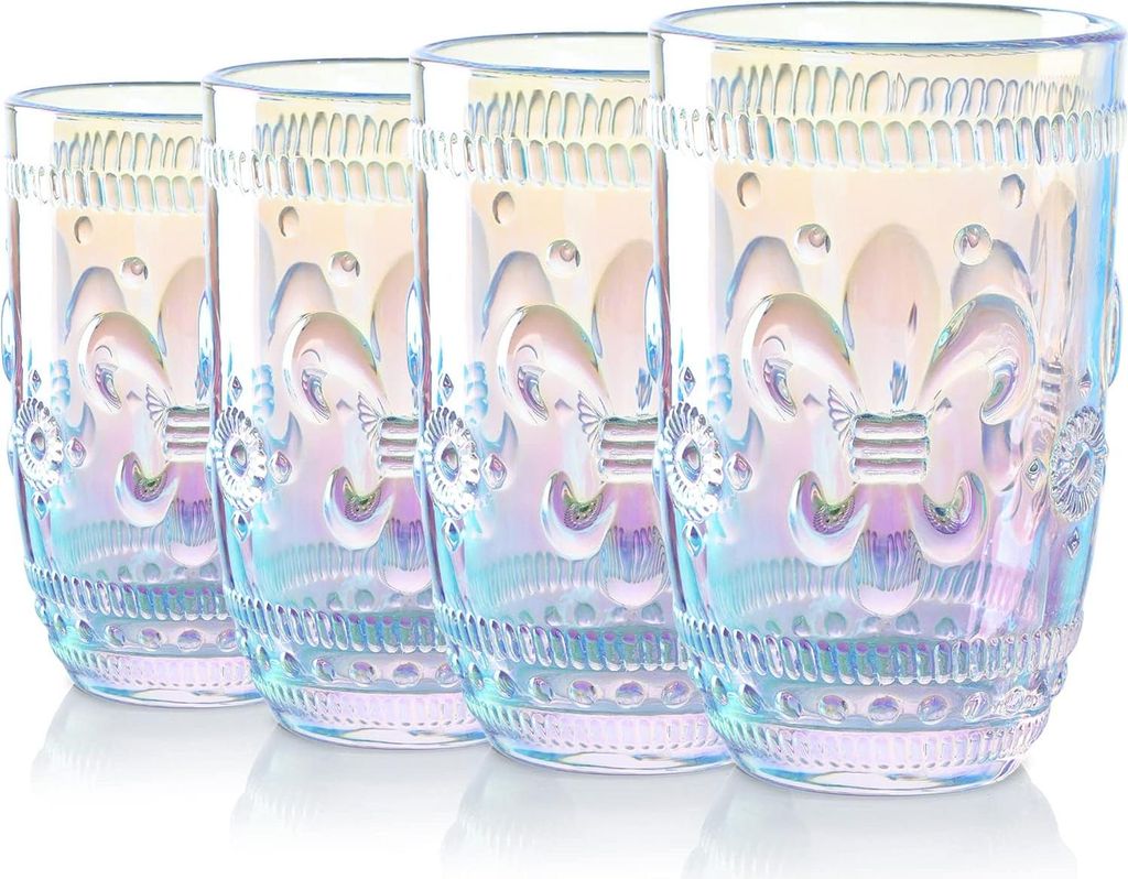 Irisierende Trinkgläser Set aus 4 floralen, geprägten Wassergläsern 370ml romantische farbige Gläser für Wasser, Saft, Cocktails.