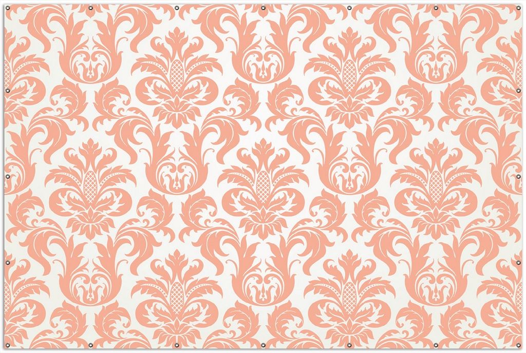 Wallario XXL Outdoor-Poster für Garten oder Balkon, Motiv Königliche Schnörkelei in weiß und orange, in ca. 300 x 200 cm