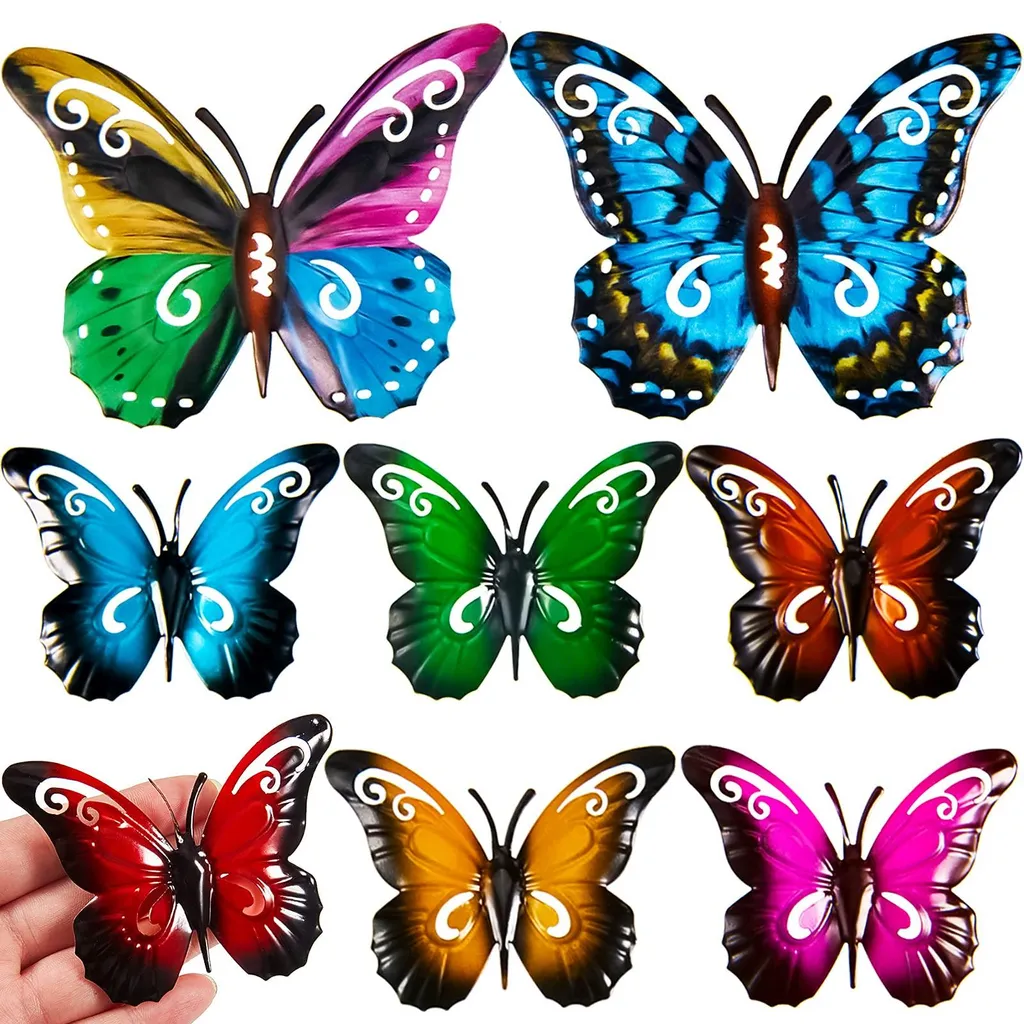 Lot de papillons en métal 3D résistants aux intempéries pour jardin, 8 unités