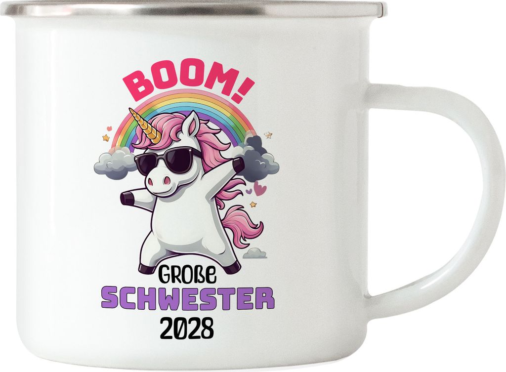 Boom Große Schwester 2028 Emaille-Tasse Geschenk Einhorn Geschwister Geburt Überraschung Freude Party