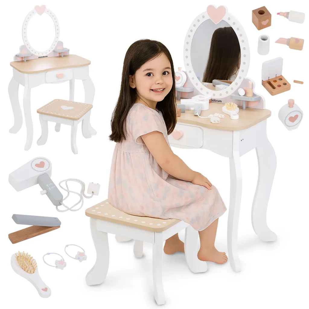 Meuble coiffeuse enfant en bois naturel avec miroir et petit tabouret